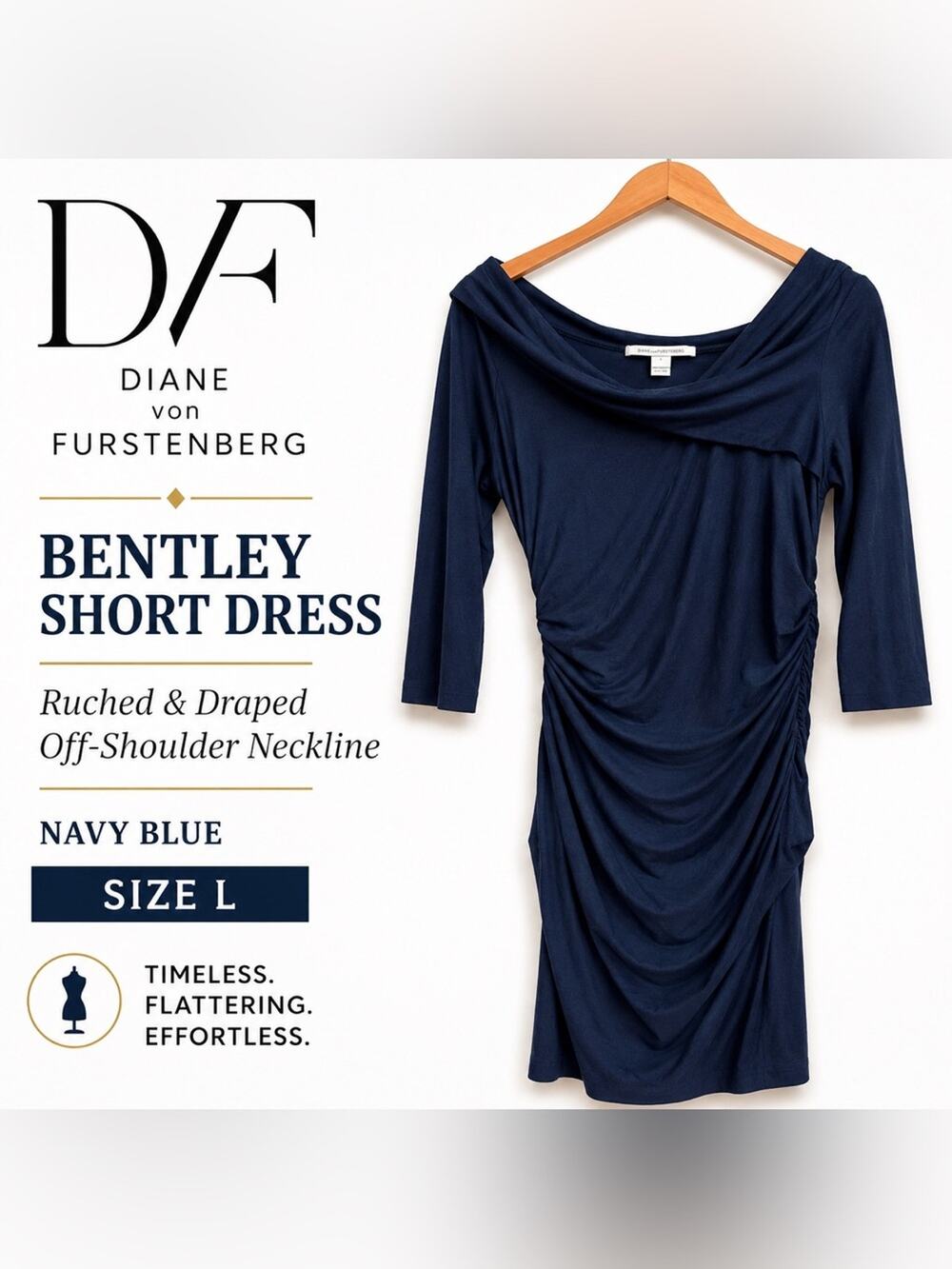 Diane von Furstenberg Bentley Short Ruched Dress Navy Blue Off-Shoulder Size L